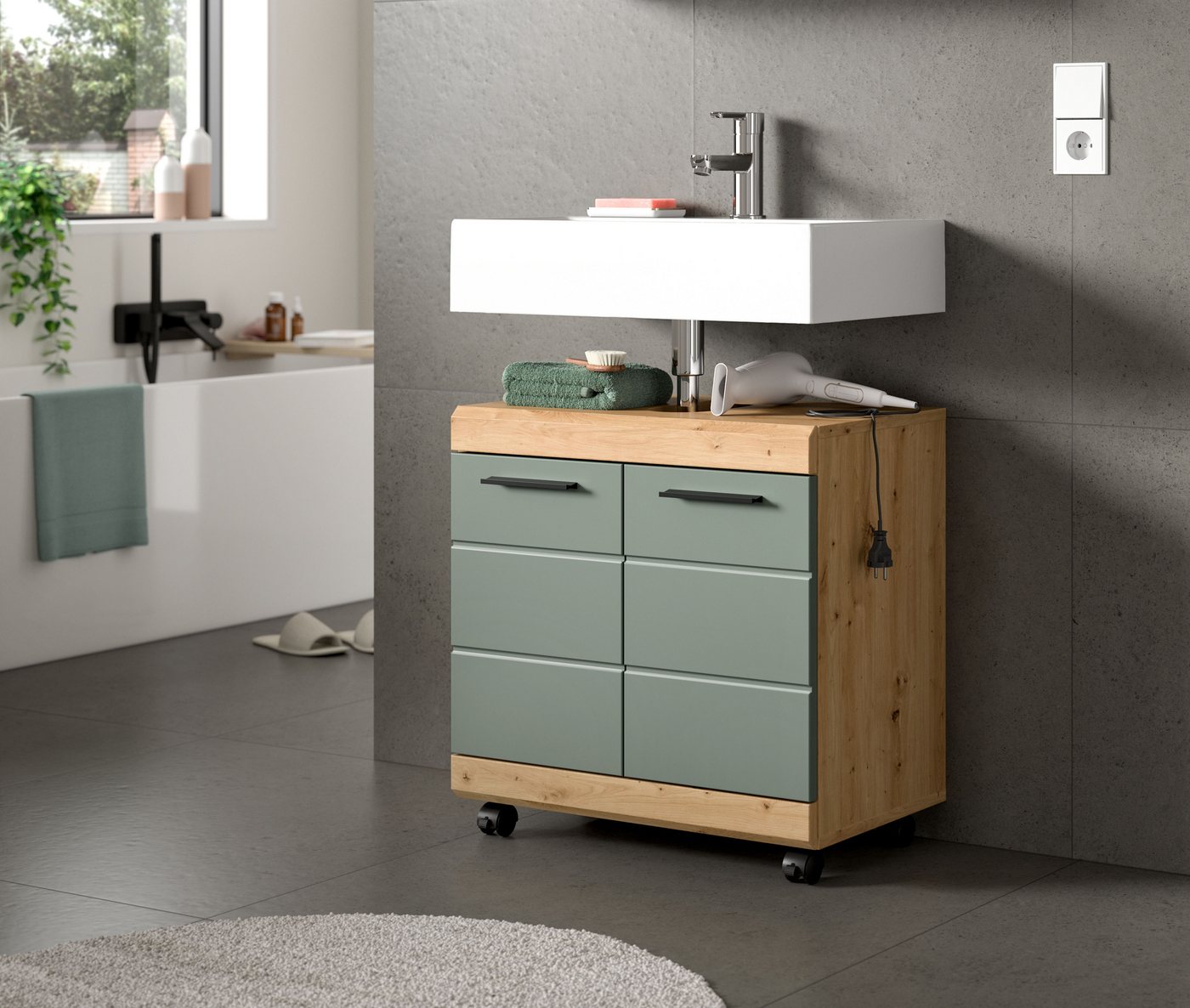 welltime Waschbeckenunterschrank SIENA, Breite 60cm, 2 Türen, auf Rollen, MDF-Front (TOPSELLER!, mit Siphonausschnitt 10x25 cm) in verschiedenen Farben erhältli – Bild 2 von 5