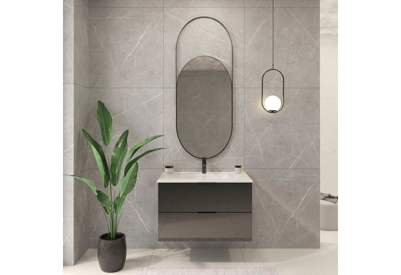 welltime Waschtisch Athen Badschrank Badezimmer WC Unterschrank mit Becken (Set), Waschplatz mit 2 Schubladen, Breite 80cm Softclose Bad – Bild 2 von 5