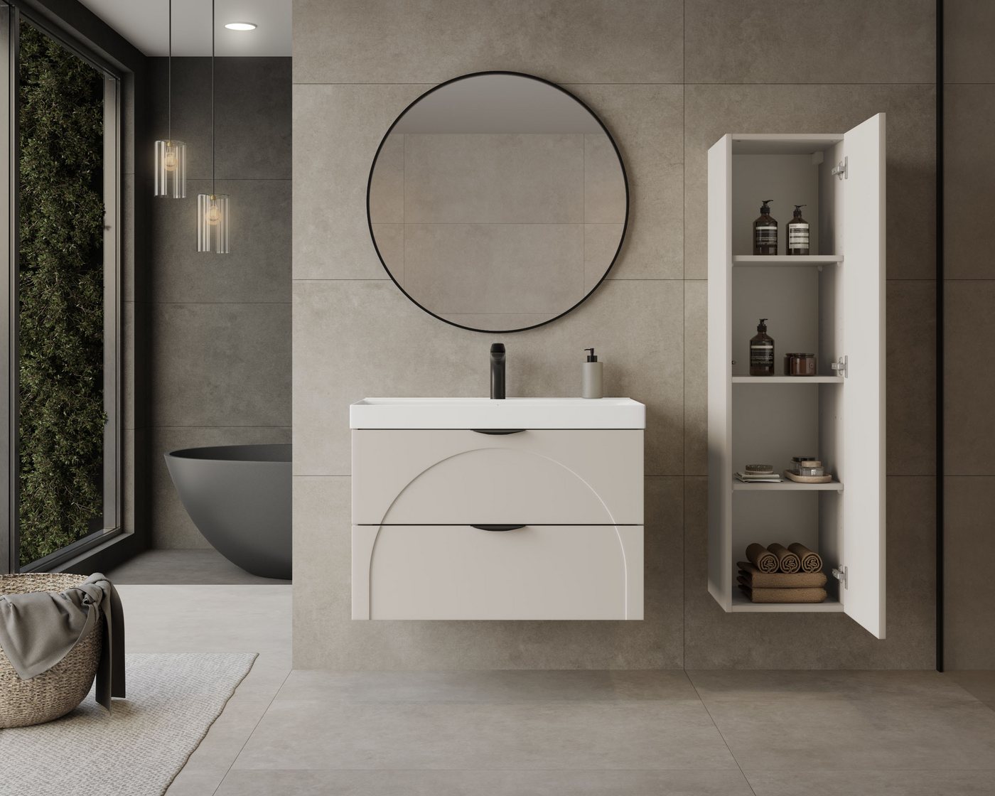 welltime Waschtisch FLOW CIRCLE mit Waschbecken, Breite 60 oder 80cm, modernes Design, Schrank mit 2 Schubladen, Soft-Close-Function, in 2 Breiten erhältlich – Bild 4 von 5