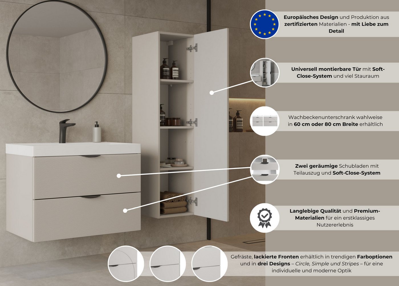 welltime Waschtisch FLOW CIRCLE mit Waschbecken, Breite 60 oder 80cm, modernes Design, Schrank mit 2 Schubladen, Soft-Close-Function, in 2 Breiten erhältlich – Bild 3 von 5