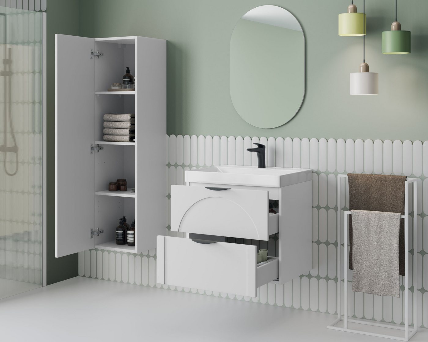 welltime Waschtisch FLOW CIRCLE mit Waschbecken, Breite 60 oder 80cm, modernes Design, Schrank mit 2 Schubladen, Soft-Close-Function, in 2 Breiten erhältlich – Bild 4 von 5