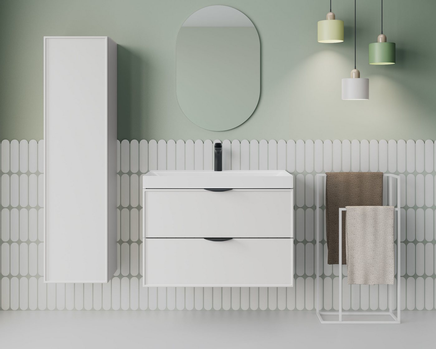 welltime Waschtisch FLOW SIMPLE mit Waschbecken, Breite 60 oder 80cm, modernes Design, Schrank mit 2 Schubladen, Soft-Close-Function, in 2 Breiten erhältlich – Bild 2 von 5