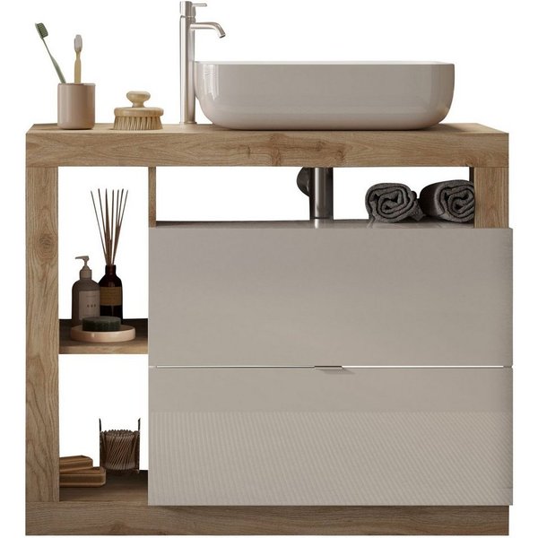 welltime Waschtisch Hamburg, 2 Schubkästen, Breite 92 cm, Soft-Close, inkl. Keramik-Aufsatzbecken