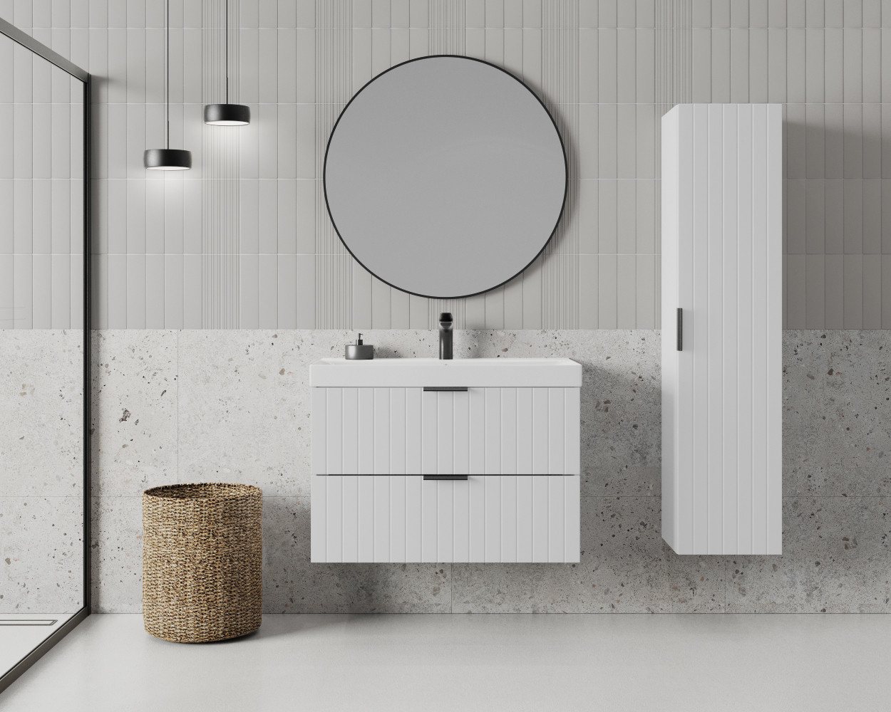 welltime Waschtisch HARMONY mit Waschbecken, Breite 60 oder 80cm, modernes Design, Schrank mit 2 Schubladen, Soft-Close-Function, Paneeloptik – Bild 2 von 5
