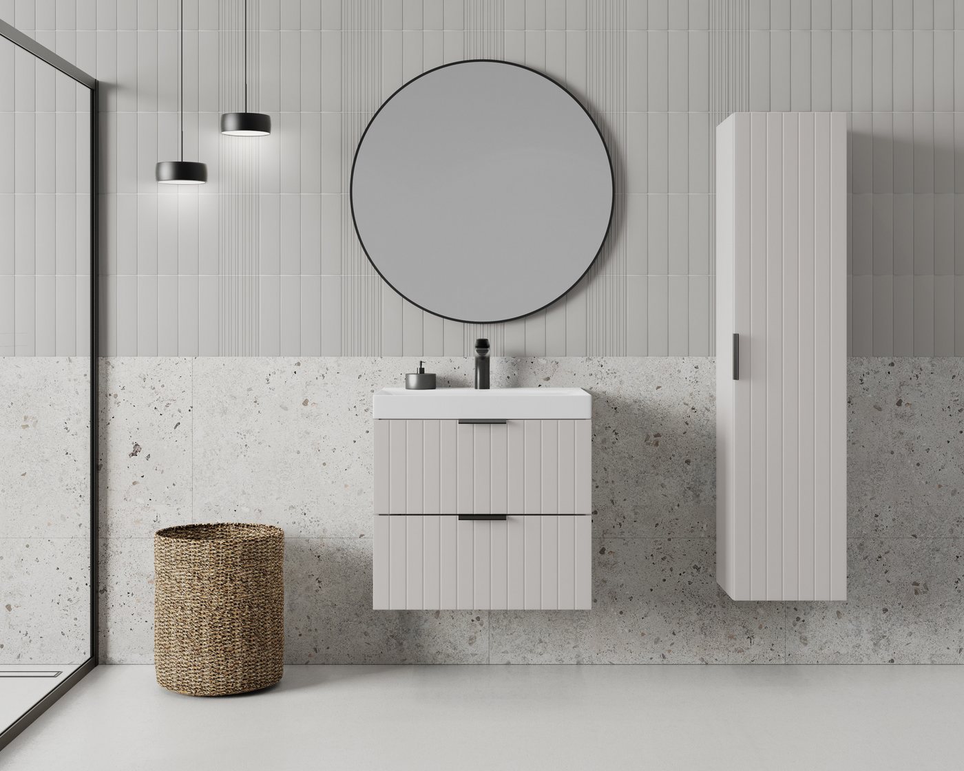 welltime Waschtisch HARMONY mit Waschbecken, Breite 60 oder 80cm, modernes Design, Schrank mit 2 Schubladen, Soft-Close-Function, Paneeloptik – Bild 2 von 5