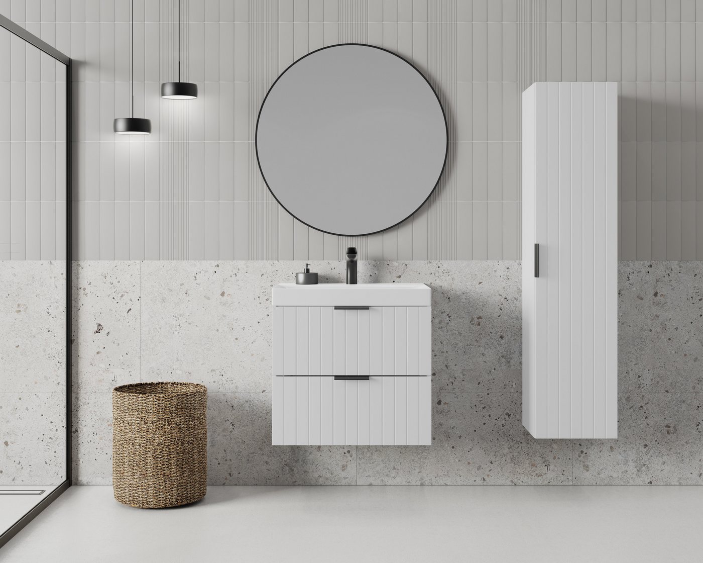 welltime Waschtisch HARMONY mit Waschbecken, Breite 60 oder 80cm, modernes Design, Schrank mit 2 Schubladen, Soft-Close-Function, Paneeloptik – Bild 2 von 5