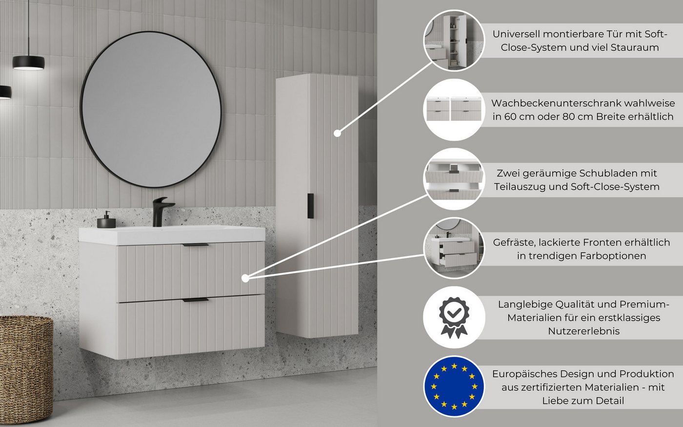 welltime Waschtisch HARMONY mit Waschbecken, Breite 60 oder 80cm, modernes Design, Schrank mit 2 Schubladen, Soft-Close-Function, Paneeloptik – Bild 3 von 5