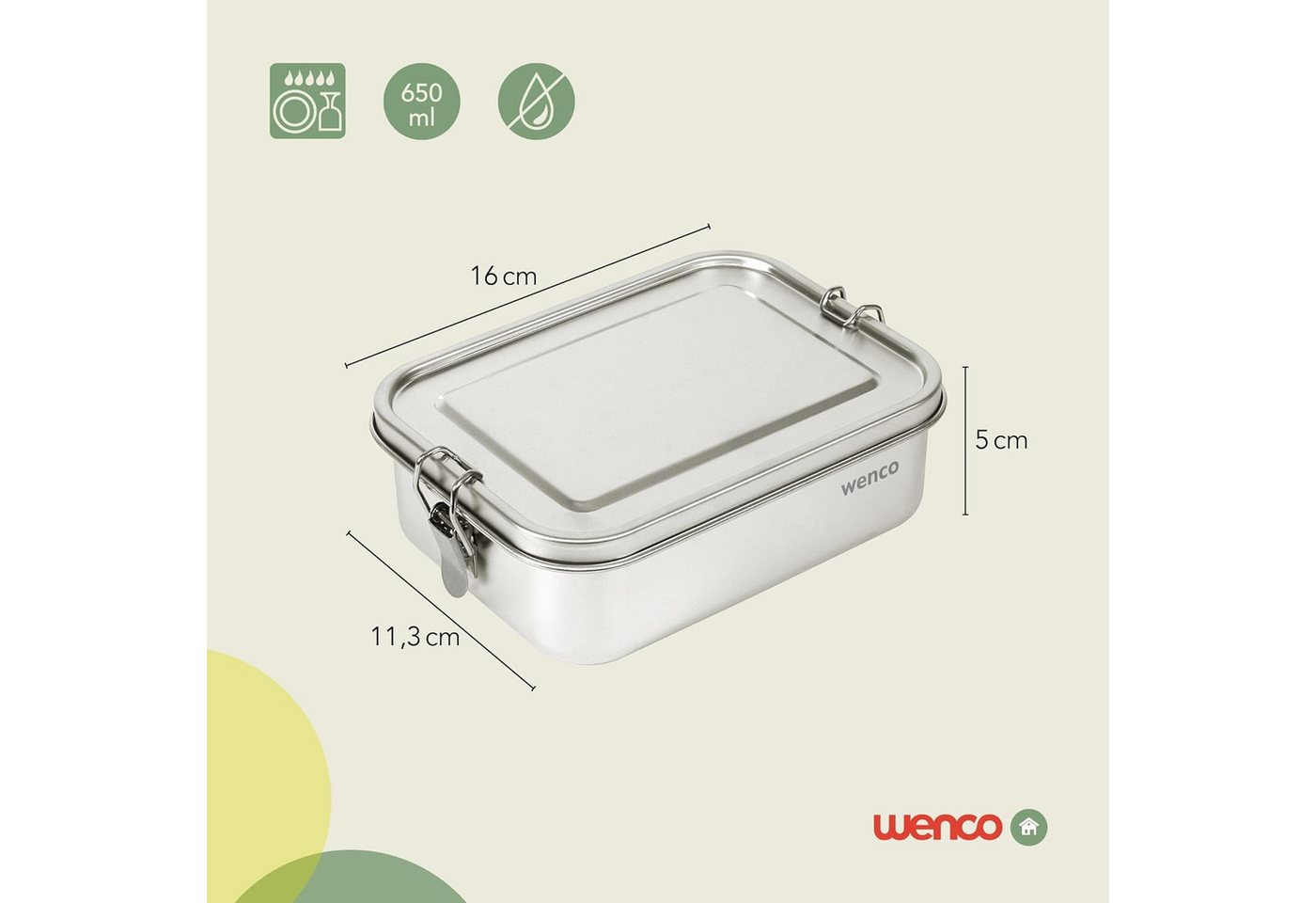 Wenco Lunchbox 650 ml, 2-fach unterteilt, Brotdose Edelstahl Auslaufsicher BPA frei, (1-tlg., 15 x 11,3 x 5 cm), Ideal als Bento- Dose für das Mittagessen oder  – Bild 3 von 5