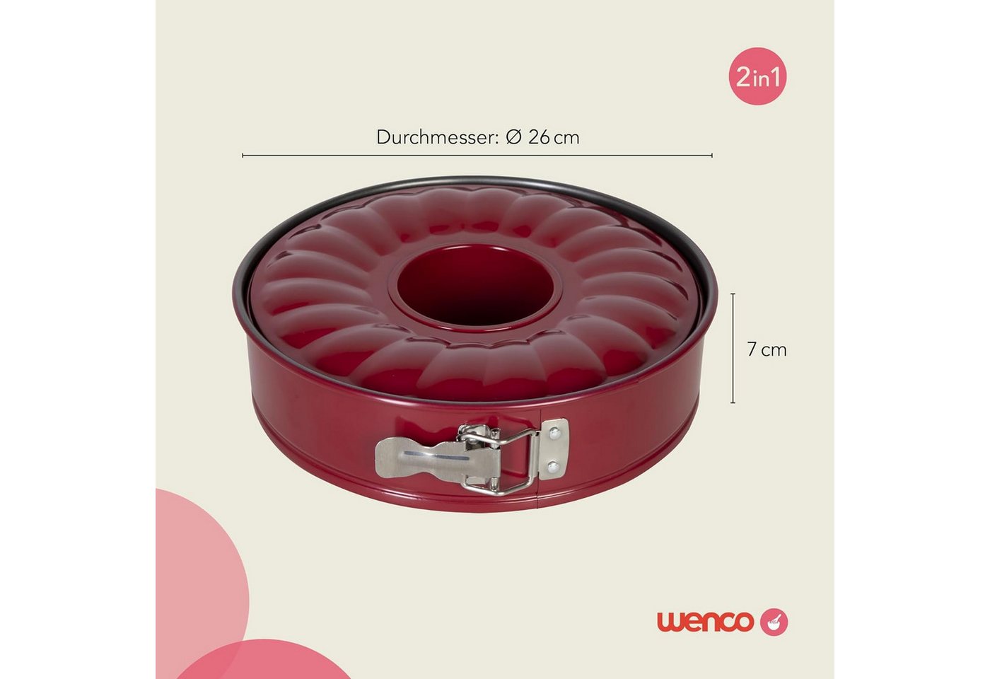 Wenco Springform Ø 26 cm, runde Kuchenform mit Flachboden, (3-tlg), auslaufsicher, sehr gute Antihaftbeschichtung, rot – Bild 2 von 5