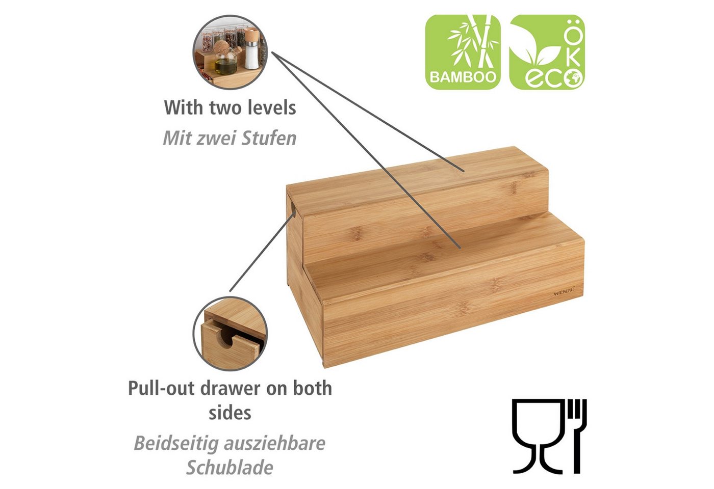 WENKO Aufbewahrungssystem Bambus Treppe, Bambus, (1-tlg), Küchenregal mit 2 Stufen und Schublade, ideal für die Arbeitsplatte – Bild 2 von 5