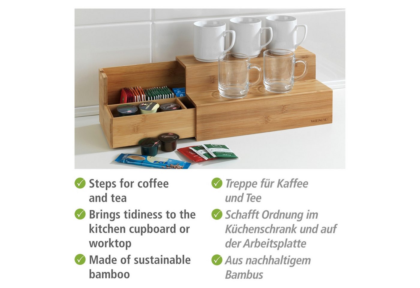 WENKO Aufbewahrungssystem Bambus Treppe, Bambus, (1-tlg), Küchenregal mit 2 Stufen und Schublade, ideal für die Arbeitsplatte – Bild 3 von 5