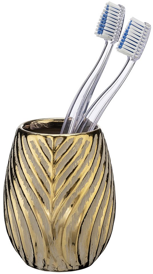 WENKO Badaccessoire-Set Modell Idro Gold, Seifenspender und Zahnputzbecher aus Keramik mit Linien-Struktur – Bild 3 von 5