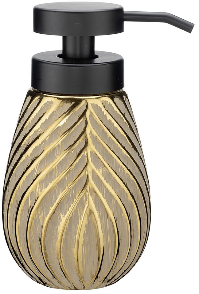 WENKO Badaccessoire-Set Modell Idro Gold, Seifenspender und Zahnputzbecher aus Keramik mit Linien-Struktur – Bild 4 von 5