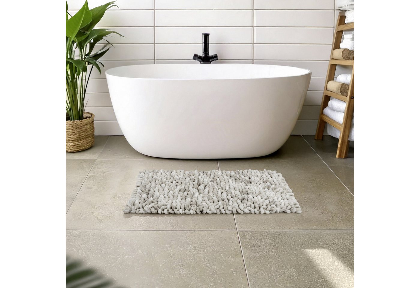 WENKO Badematte Lerici, Höhe 60 mm, rutschhemmend beschichtet, Materialmix, rechteckig, fusselfreier Badteppich, 3D-Struktur, hohe Feuchtigkeitsaufnahme – Bild 2 von 5