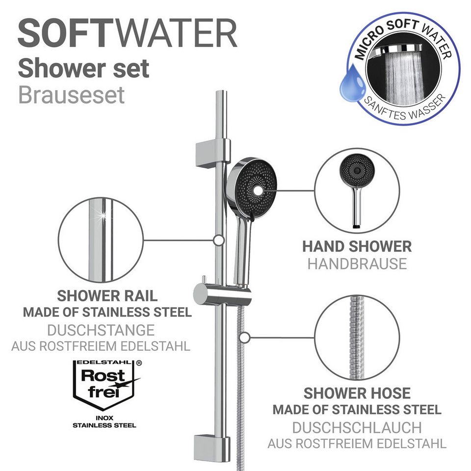 WENKO Brausehalter Softwater, Duschstange mit Duschkopf, 3 Strahlarten, Ø 12 cm, mikrofeine Düsen – Bild 3 von 5