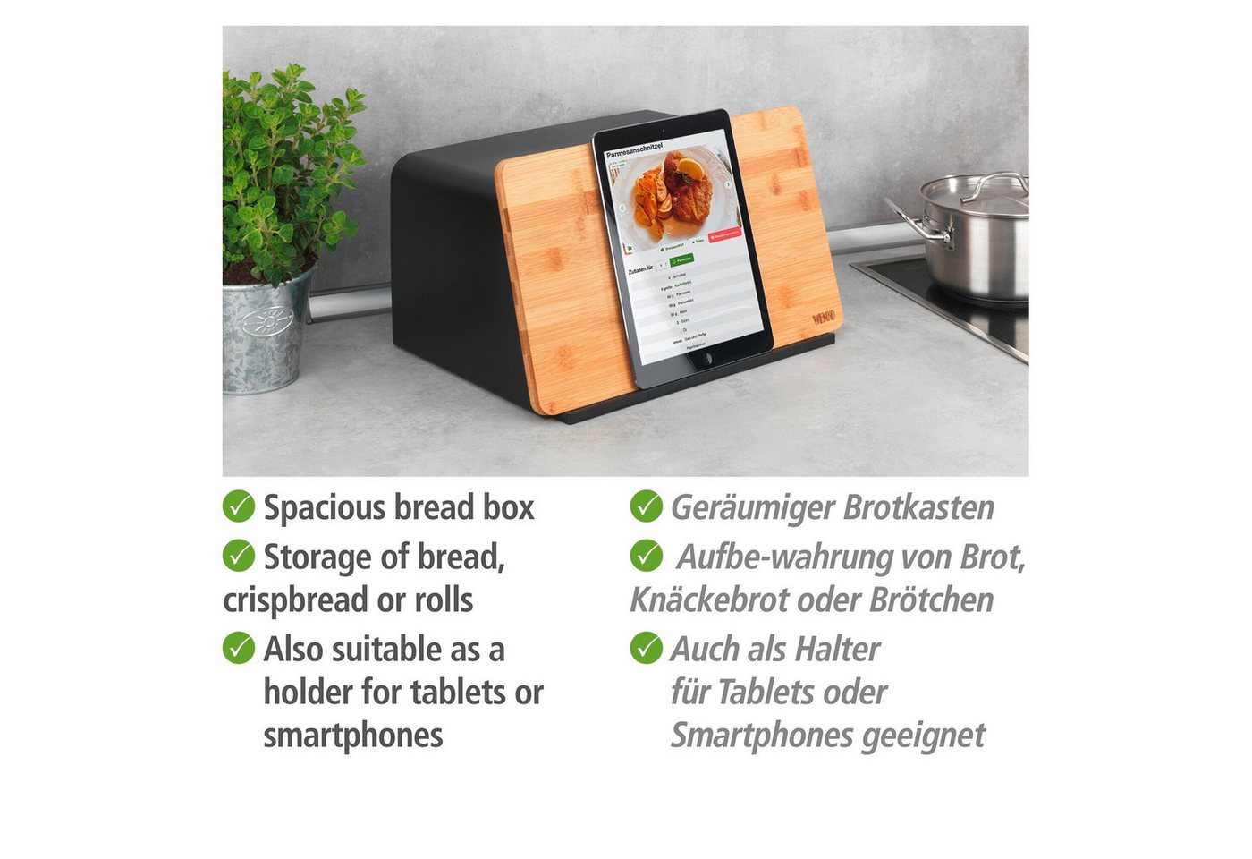 WENKO Brotkasten Modell Kubo, Bambus, Kunststoff, (1-tlg), moderne Brotbox mit integriertem Schneidebrett als Deckel – Bild 3 von 5