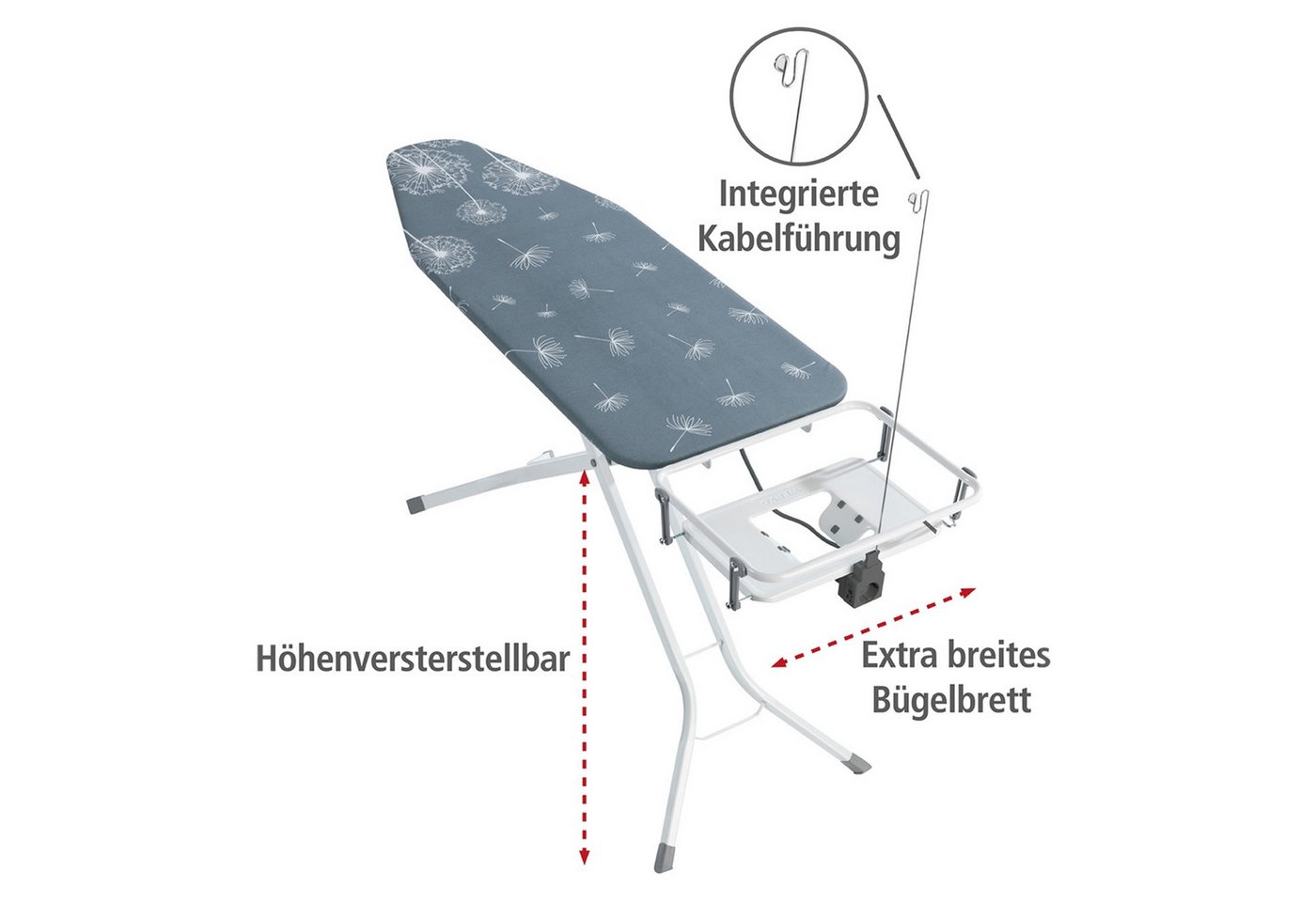 WENKO Bügelbrett Modell Professional, Bügelfläche 130x48 cm, höhenverstellbarer Bügeltisch mit Kabelführung und Steckdose – Bild 2 von 5