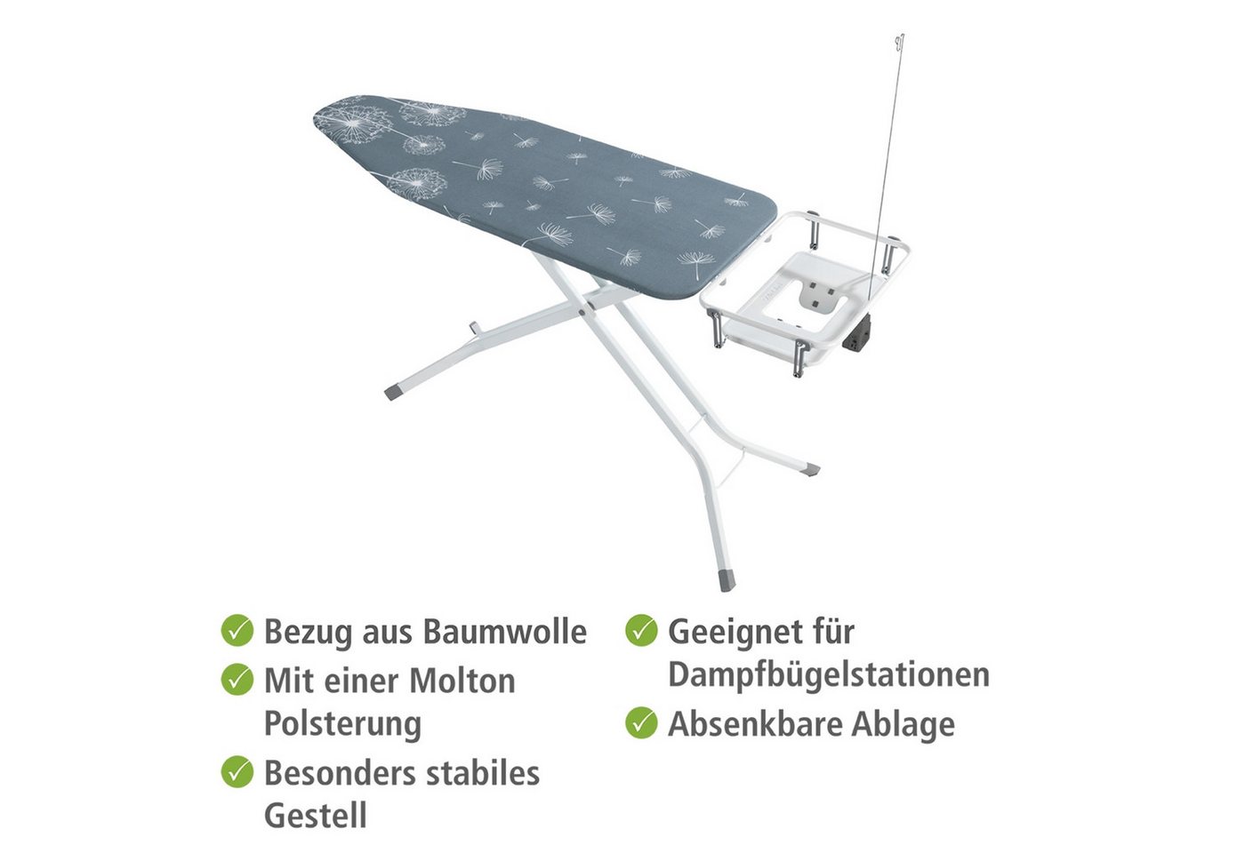 WENKO Bügelbrett Modell Professional, Bügelfläche 130x48 cm, höhenverstellbarer Bügeltisch mit Kabelführung und Steckdose – Bild 3 von 5