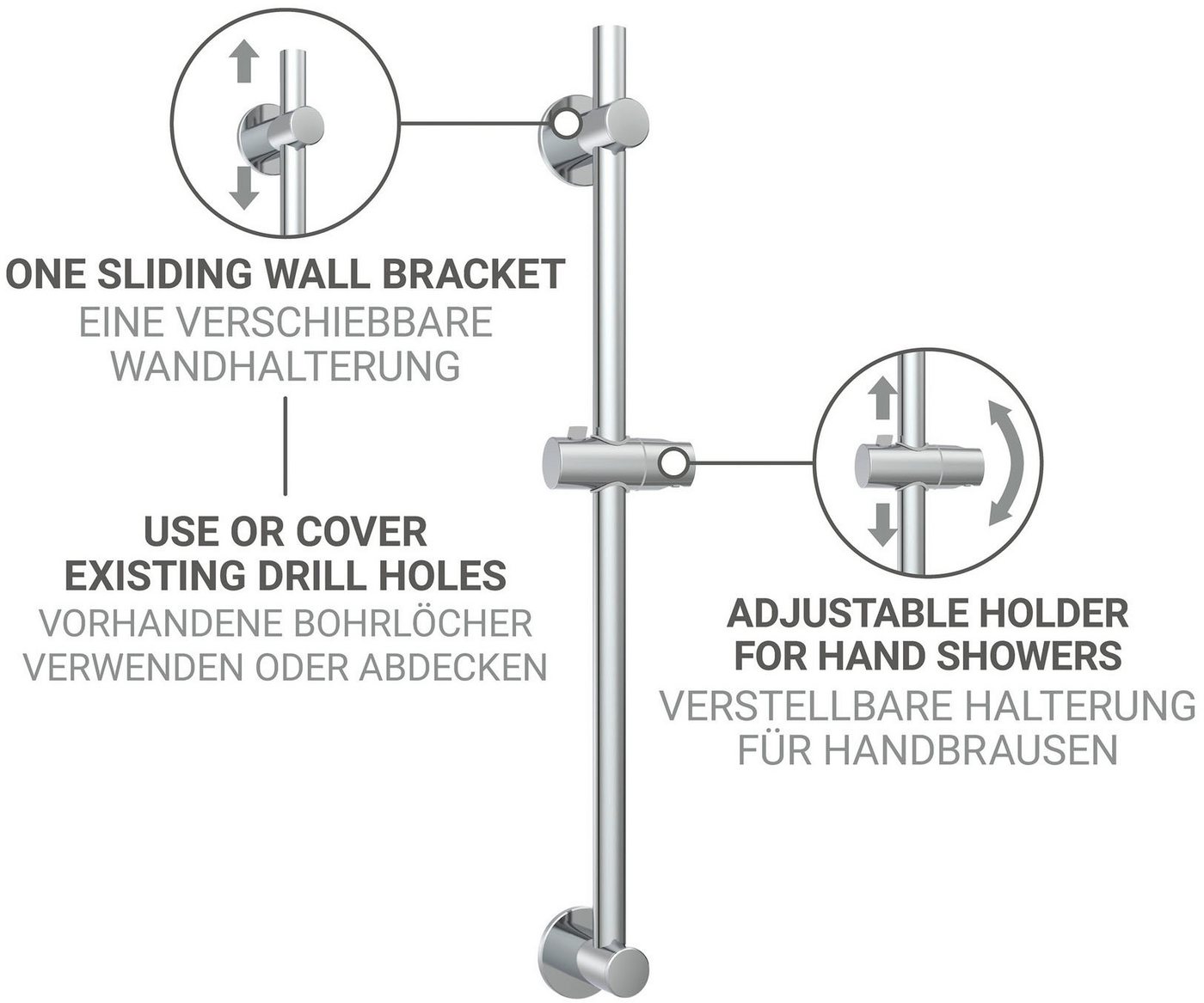 WENKO Duschstange, Brausestange aus Edelstahl, 70 cm, einfache Montage ohne Bohren – Bild 4 von 5