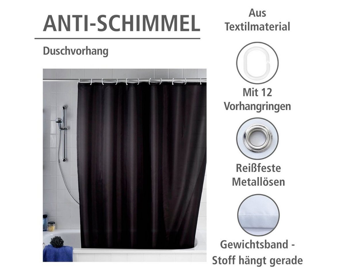 WENKO Duschvorhang Uni Black Breite 180 cm, Höhe 200 cm, Polyester, waschbar – Bild 4 von 5