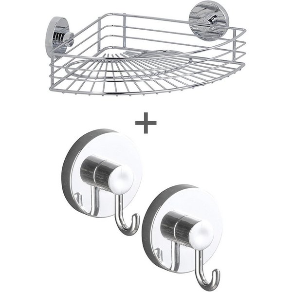 WENKO Eckregal Vacuum-Loc® Modell Bari, 3-tlg., fürs Badezimmer mit 2 Haken, Befestigen ohne Bohren