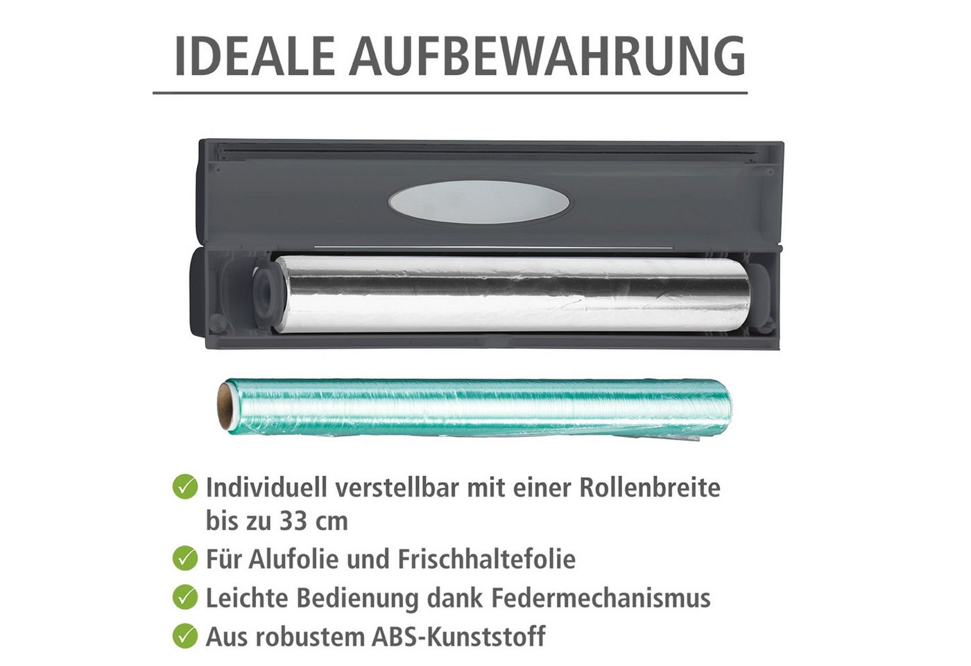 WENKO Folienspender Modell Perfect-Cutter, für Folienrollen bis 33 cm Breite, für Alufolien und Frischhaltefolien – Bild 3 von 5