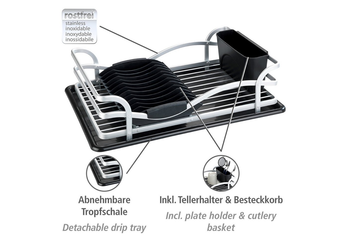WENKO Geschirrständer Modell Alu, Geschirrabtropfer aus Aluminium & Kunststoff, abnehmbarer Besteckkorb – Bild 2 von 5