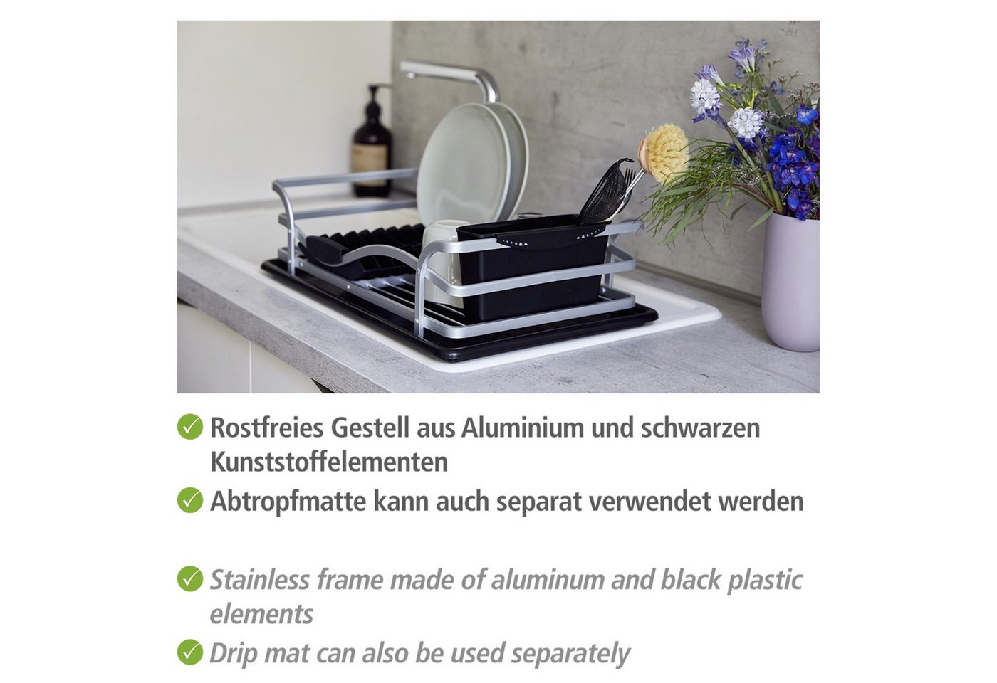 WENKO Geschirrständer Modell Alu, Geschirrabtropfer aus Aluminium & Kunststoff, abnehmbarer Besteckkorb – Bild 3 von 5