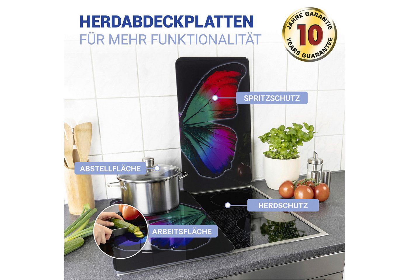 WENKO Herd-Abdeckplatte Universal Modell Butterfly by Night, Glas, Kunststoff, (Set, 2 tlg), Herdabdeckung für alle Herdarten, kratzfest, mit rutschfesten Füßen – Bild 2 von 5