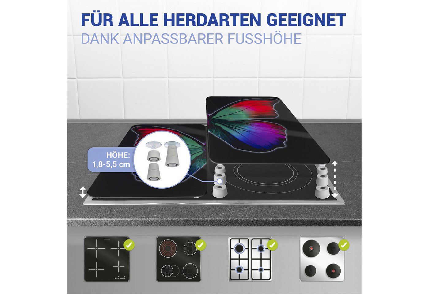 WENKO Herd-Abdeckplatte Universal Modell Butterfly by Night, Glas, Kunststoff, (Set, 2 tlg), Herdabdeckung für alle Herdarten, kratzfest, mit rutschfesten Füßen – Bild 3 von 5