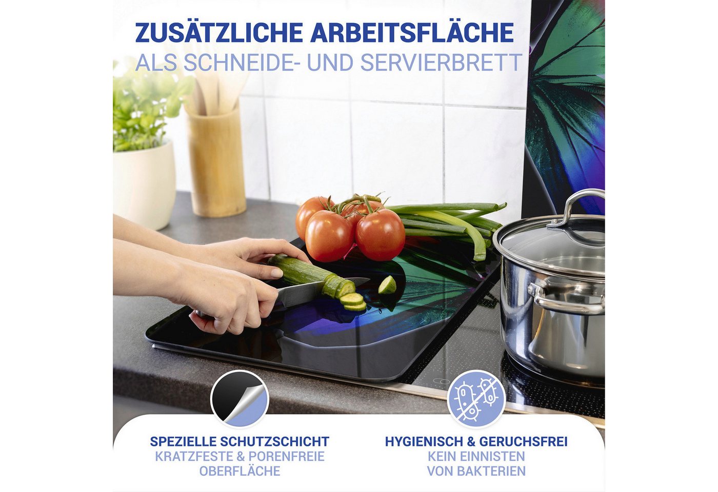WENKO Herd-Abdeckplatte Universal Modell Butterfly by Night, Glas, Kunststoff, (Set, 2 tlg), Herdabdeckung für alle Herdarten, kratzfest, mit rutschfesten Füßen – Bild 4 von 5