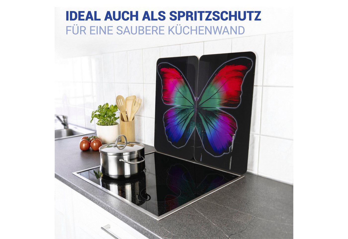 WENKO Herd-Abdeckplatte Universal Modell Butterfly by Night, Glas, Kunststoff, (Set, 2 tlg), Herdabdeckung für alle Herdarten, kratzfest, mit rutschfesten Füßen – Bild 5 von 5