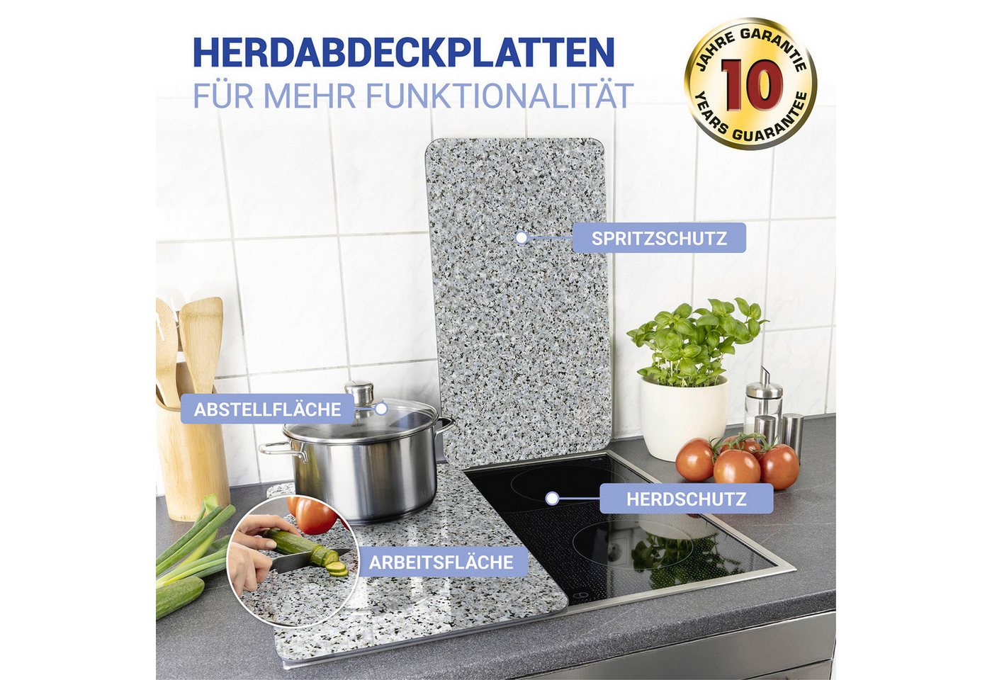 WENKO Herd-Abdeckplatte Universal Modell Granit, Glas, Kunststoff, (Set, 2 tlg), Herdabdeckung für alle Herdarten, kratzfest, mit rutschfesten Füßen – Bild 2 von 5