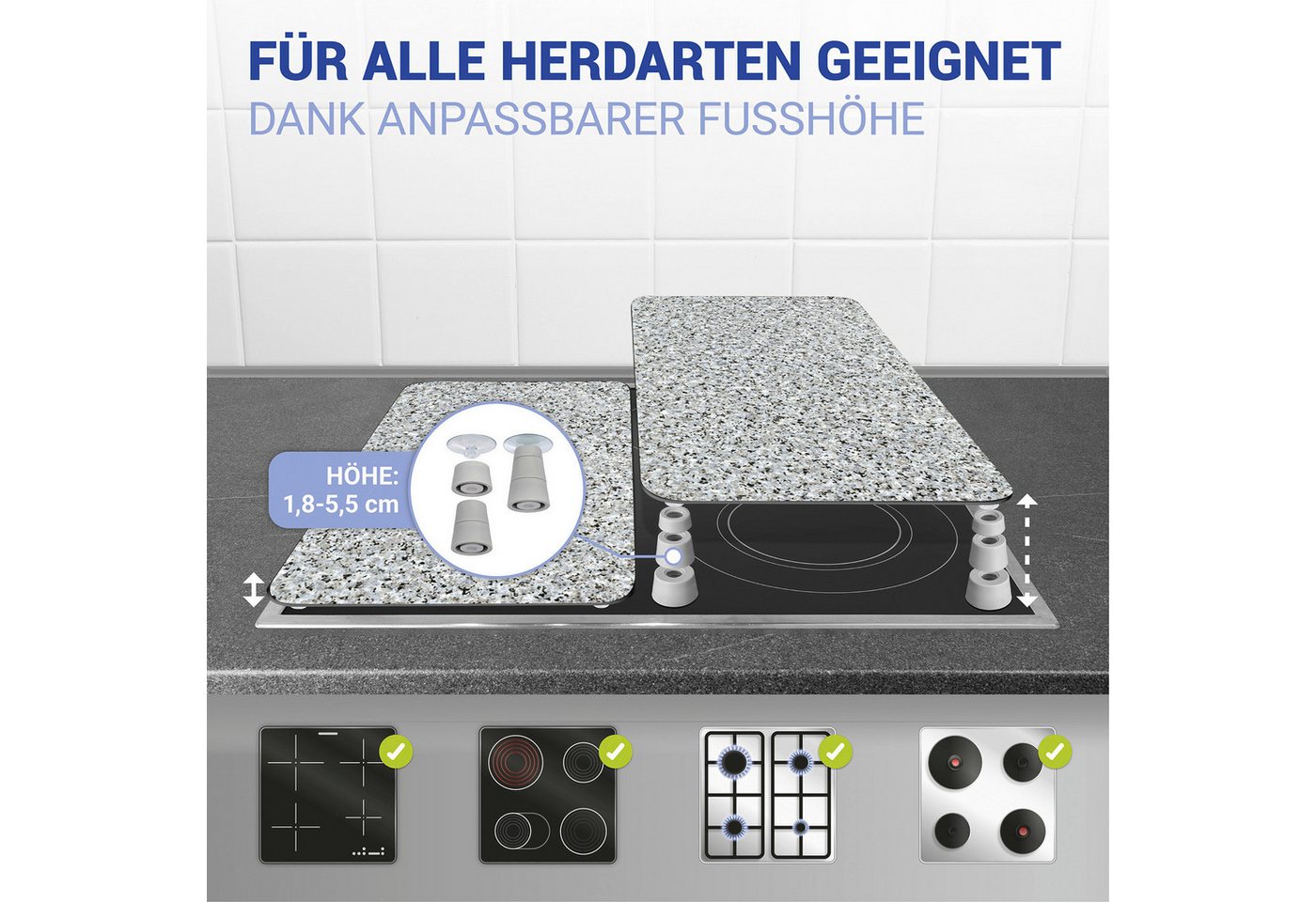 WENKO Herd-Abdeckplatte Universal Modell Granit, Glas, Kunststoff, (Set, 2 tlg), Herdabdeckung für alle Herdarten, kratzfest, mit rutschfesten Füßen – Bild 3 von 5