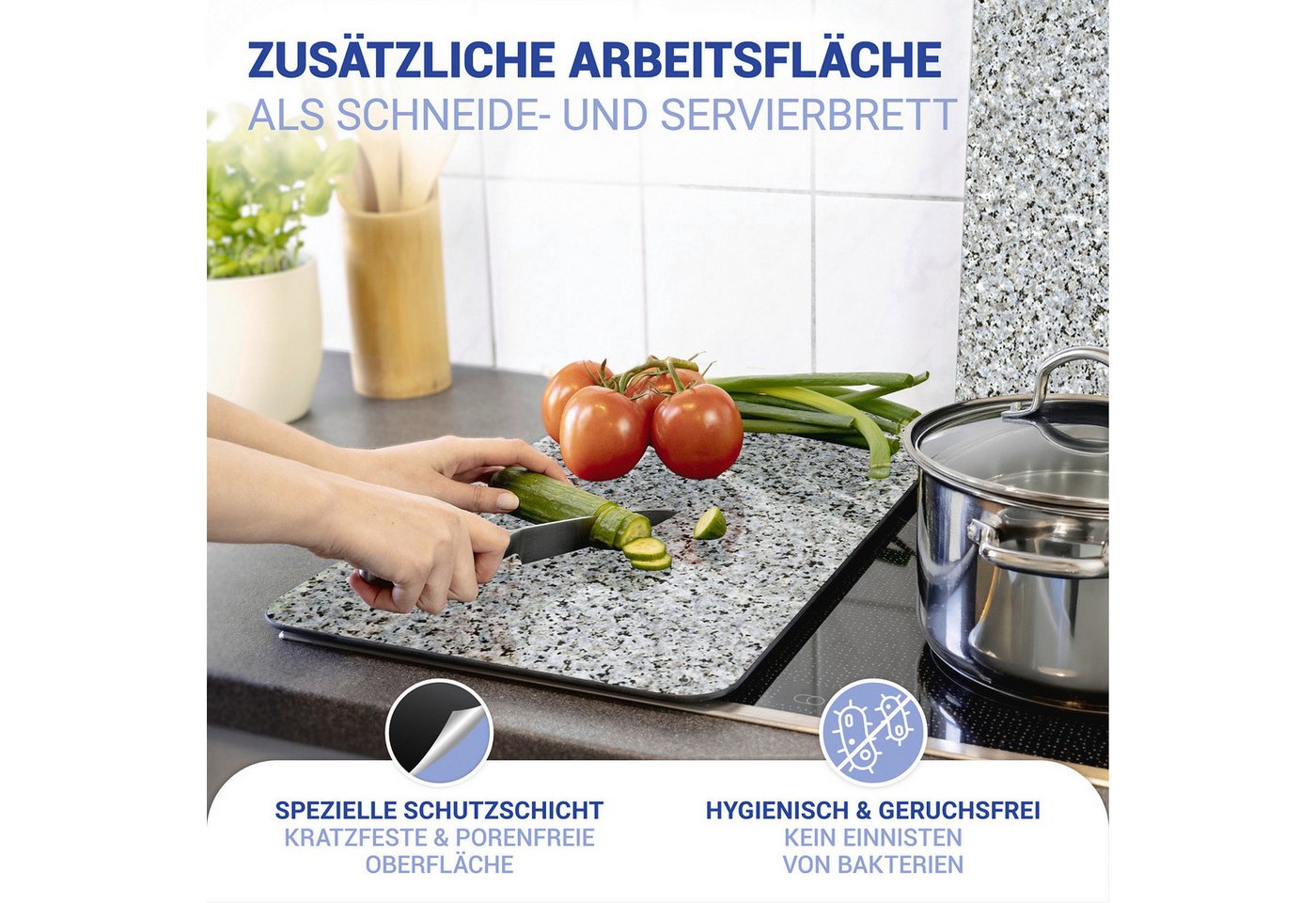 WENKO Herd-Abdeckplatte Universal Modell Granit, Glas, Kunststoff, (Set, 2 tlg), Herdabdeckung für alle Herdarten, kratzfest, mit rutschfesten Füßen – Bild 4 von 5