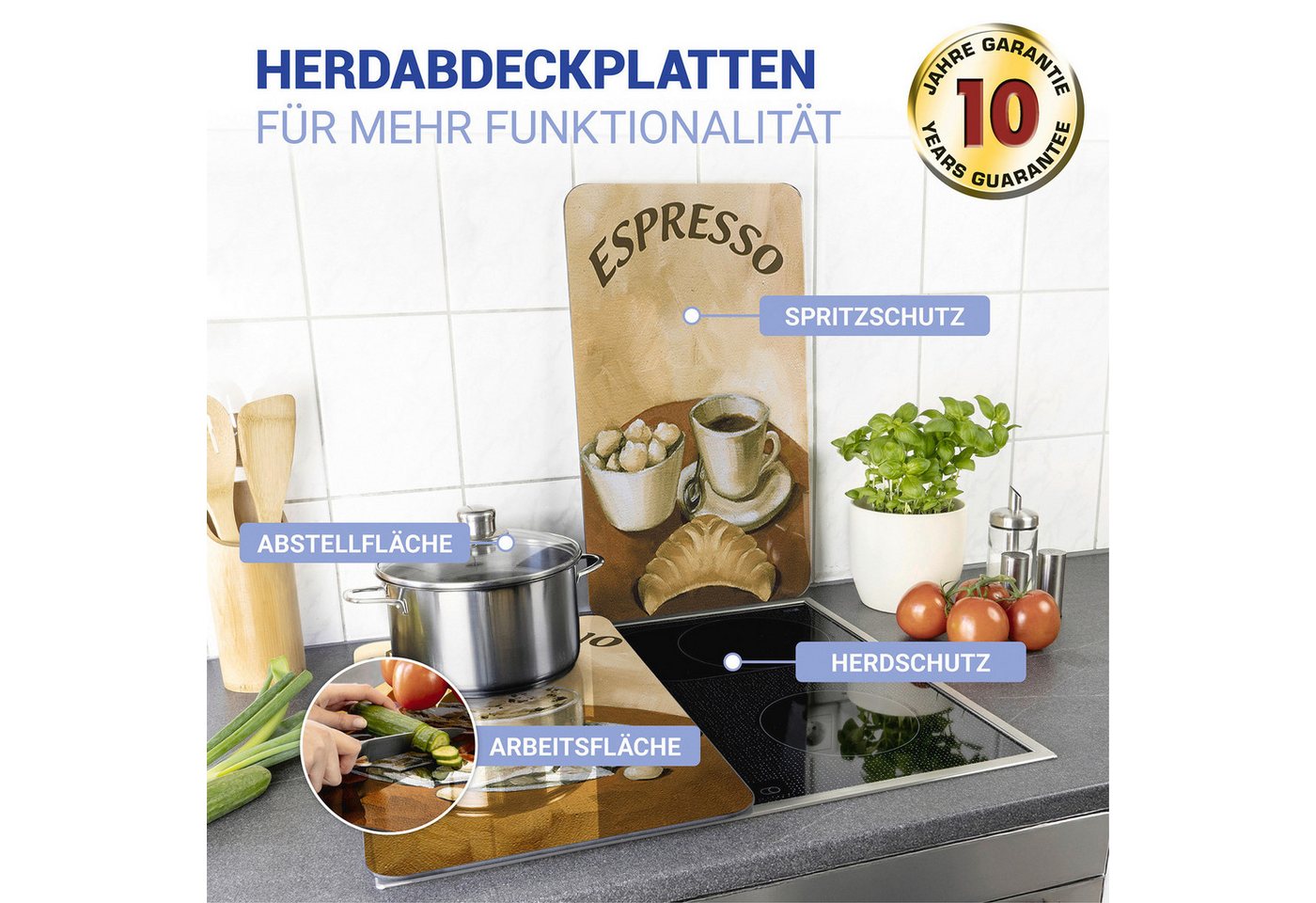 WENKO Herd-Abdeckplatte Universal Modell Kaffee, Glas, (Set, 2 tlg), Herdabdeckung für alle Herdarten, kratzfest, mit rutschfesten Füßen – Bild 2 von 5