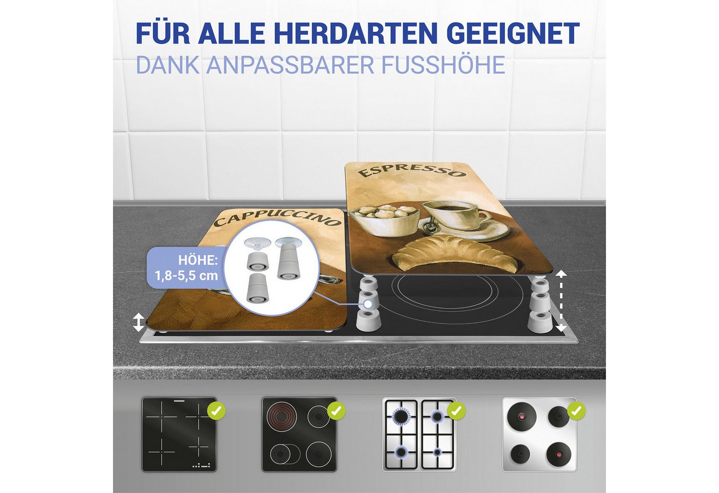 WENKO Herd-Abdeckplatte Universal Modell Kaffee, Glas, (Set, 2 tlg), Herdabdeckung für alle Herdarten, kratzfest, mit rutschfesten Füßen – Bild 3 von 5