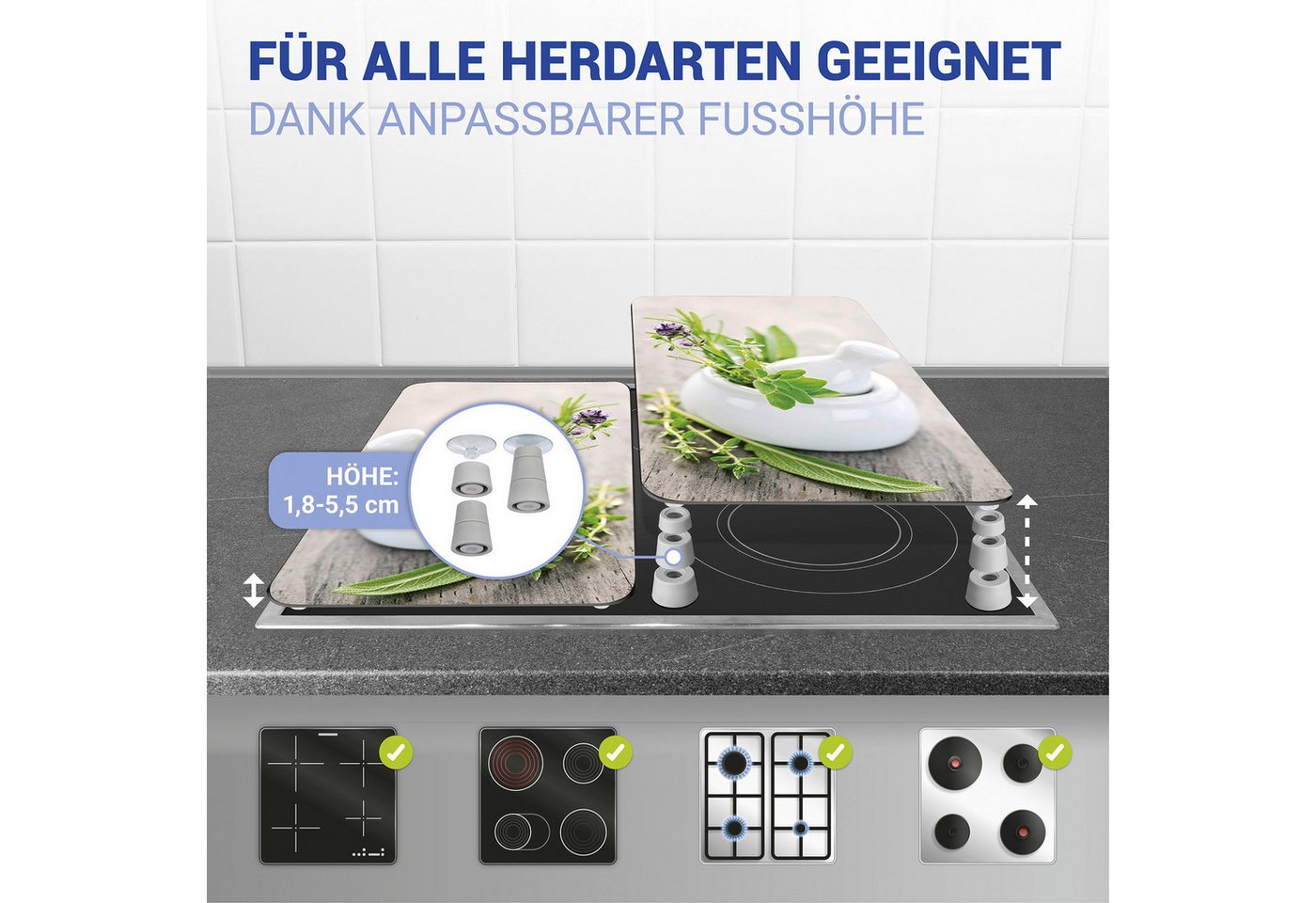 WENKO Herd-Abdeckplatte Universal Modell Kräutergarten, Glas, (Set, 2 tlg), Herdabdeckung für alle Herdarten, kratzfest, mit rutschfesten Füßen – Bild 3 von 5