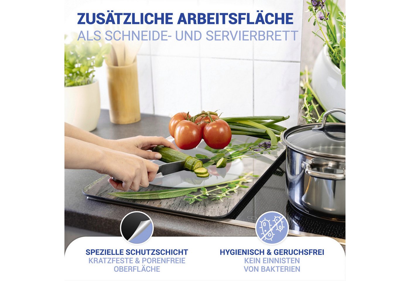WENKO Herd-Abdeckplatte Universal Modell Kräutergarten, Glas, (Set, 2 tlg), Herdabdeckung für alle Herdarten, kratzfest, mit rutschfesten Füßen – Bild 4 von 5