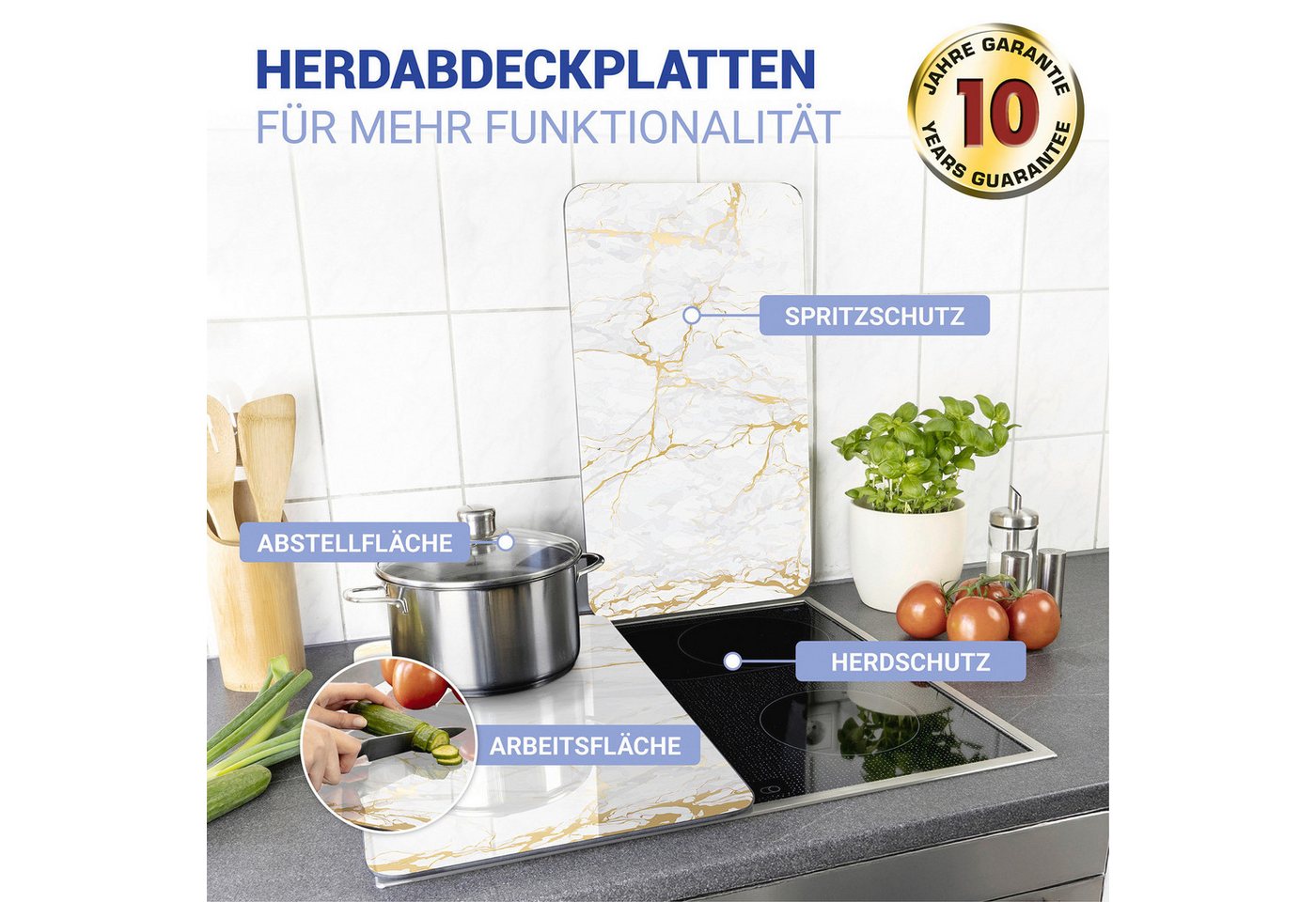 WENKO Herd-Abdeckplatte Universal Modell Marmor Gold, Glas, Kunststoff, (Set, 2 tlg), Herdabdeckung für alle Herdarten, kratzfest, mit rutschfesten Füßen – Bild 2 von 5