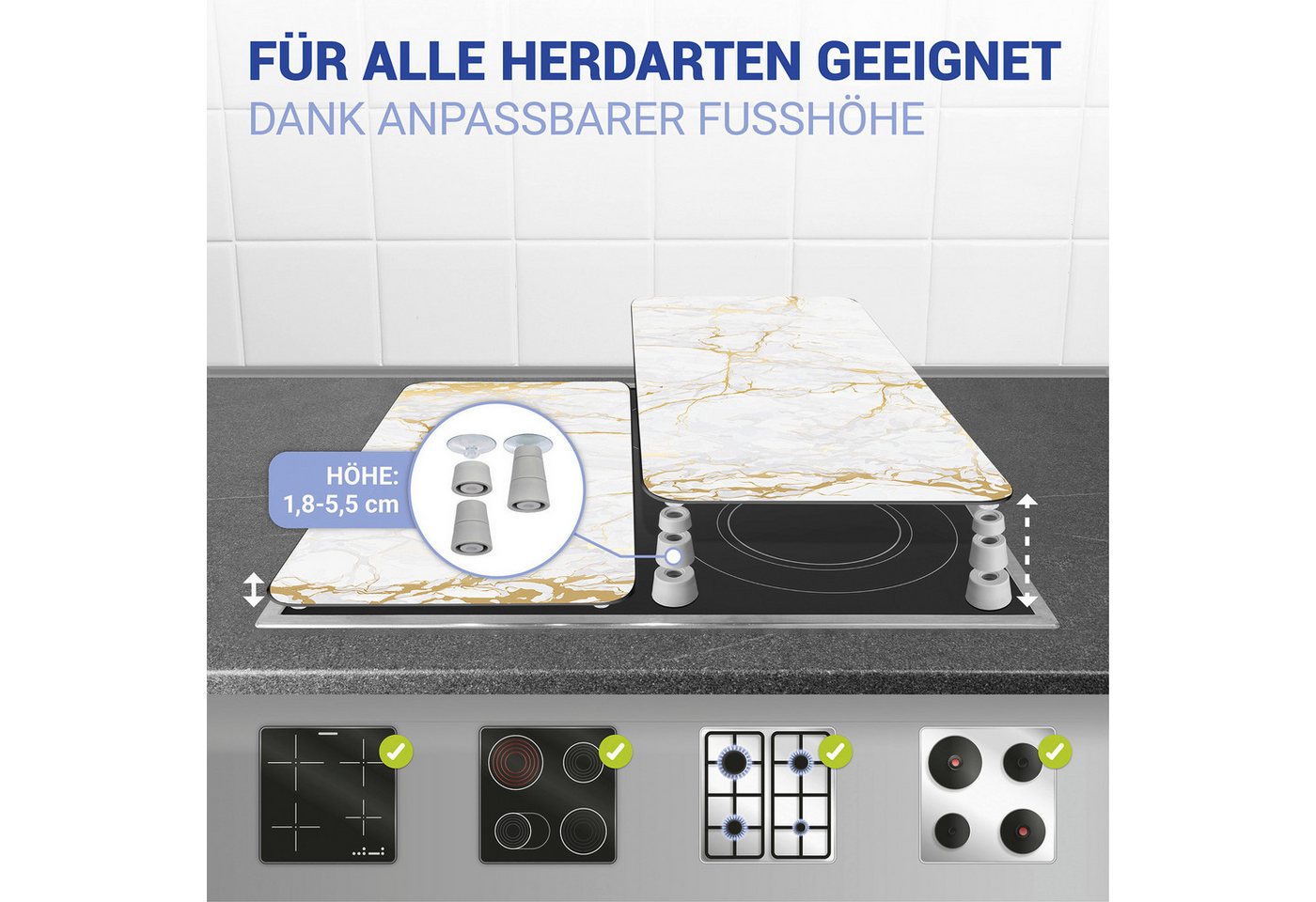 WENKO Herd-Abdeckplatte Universal Modell Marmor Gold, Glas, Kunststoff, (Set, 2 tlg), Herdabdeckung für alle Herdarten, kratzfest, mit rutschfesten Füßen – Bild 3 von 5