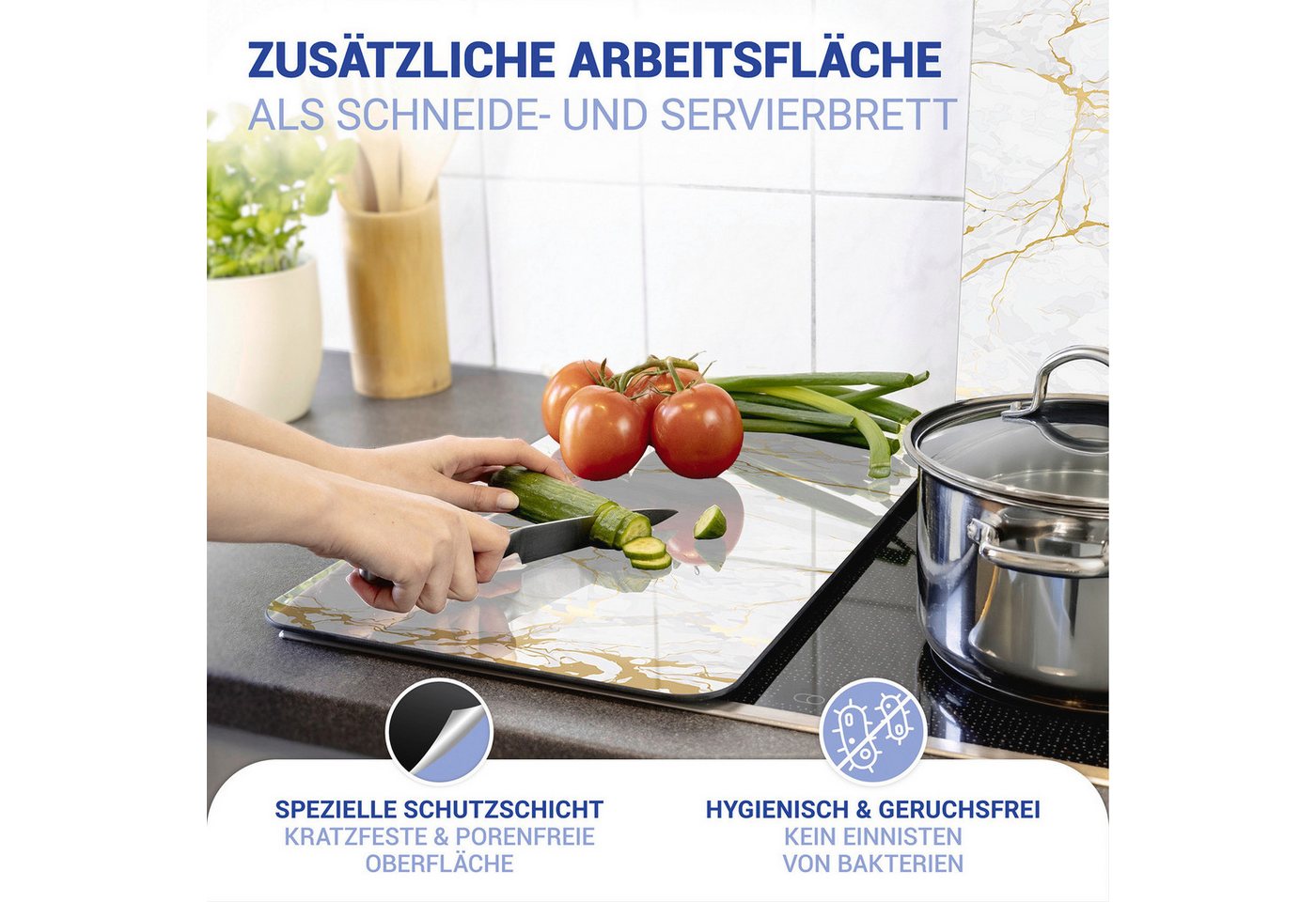WENKO Herd-Abdeckplatte Universal Modell Marmor Gold, Glas, Kunststoff, (Set, 2 tlg), Herdabdeckung für alle Herdarten, kratzfest, mit rutschfesten Füßen – Bild 4 von 5