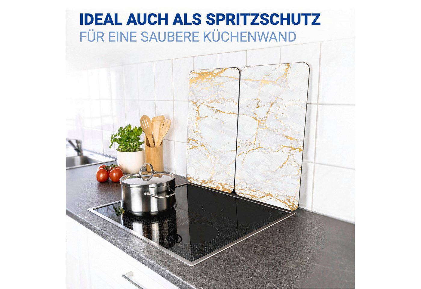WENKO Herd-Abdeckplatte Universal Modell Marmor Gold, Glas, Kunststoff, (Set, 2 tlg), Herdabdeckung für alle Herdarten, kratzfest, mit rutschfesten Füßen – Bild 5 von 5