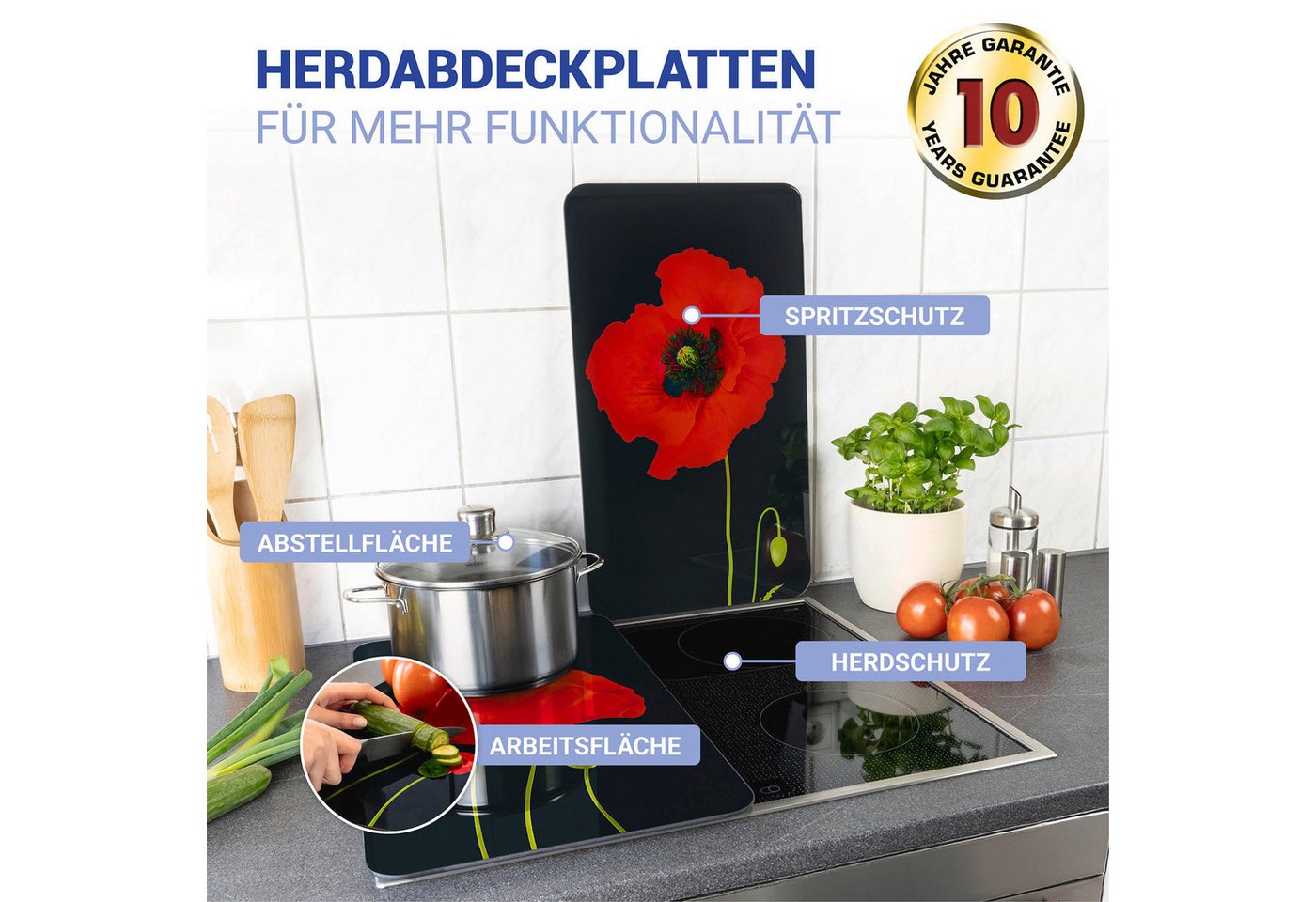 WENKO Herd-Abdeckplatte Universal Modell Mohn, Glas, Kunststoff, (Set, 2 tlg), Herdabdeckung für alle Herdarten, kratzfest, mit rutschfesten Füßen – Bild 2 von 5