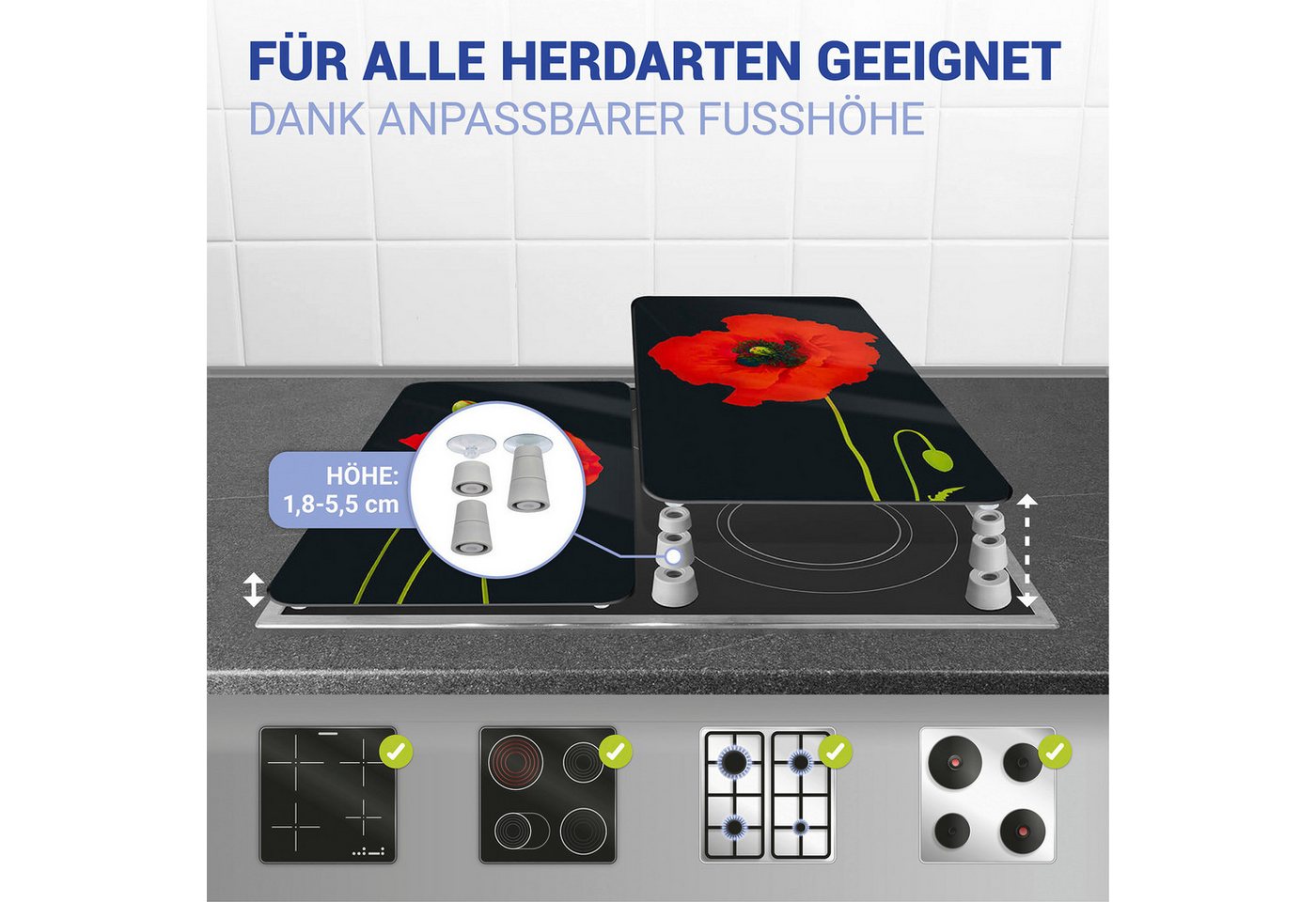 WENKO Herd-Abdeckplatte Universal Modell Mohn, Glas, Kunststoff, (Set, 2 tlg), Herdabdeckung für alle Herdarten, kratzfest, mit rutschfesten Füßen – Bild 3 von 5