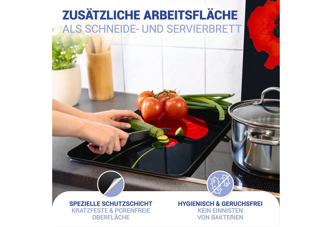 WENKO Herd-Abdeckplatte Universal Modell Mohn, Glas, Kunststoff, (Set, 2 tlg), Herdabdeckung für alle Herdarten, kratzfest, mit rutschfesten Füßen – Bild 4 von 5