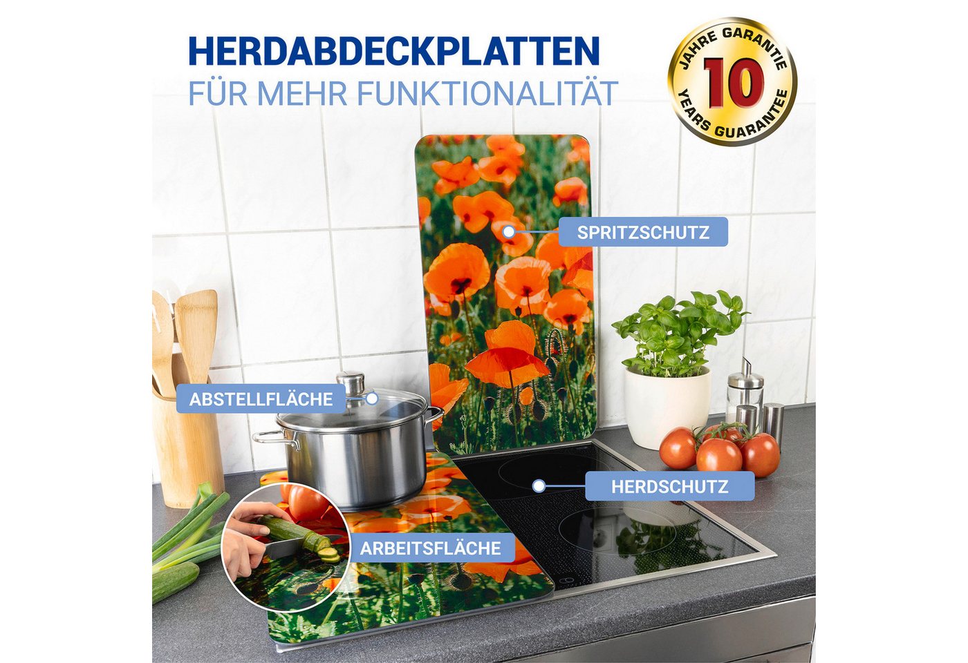 WENKO Herd-Abdeckplatte Universal Modell Mohnfeld, Glas, Kunststoff, (Set, 2 tlg), Herdabdeckung für alle Herdarten, kratzfest, mit rutschfesten Füßen – Bild 2 von 5