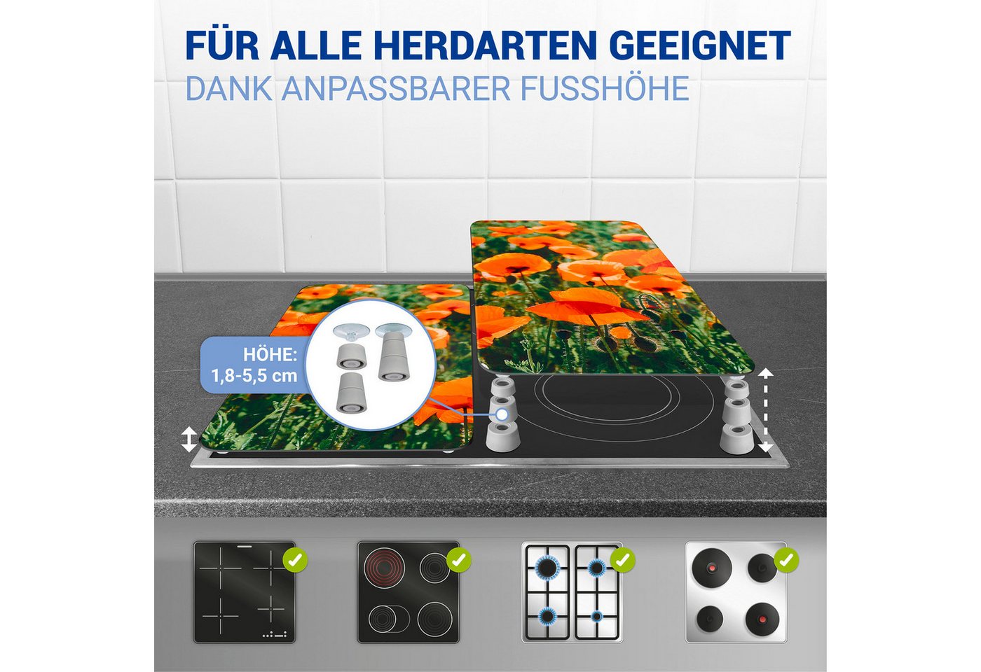 WENKO Herd-Abdeckplatte Universal Modell Mohnfeld, Glas, Kunststoff, (Set, 2 tlg), Herdabdeckung für alle Herdarten, kratzfest, mit rutschfesten Füßen – Bild 3 von 5