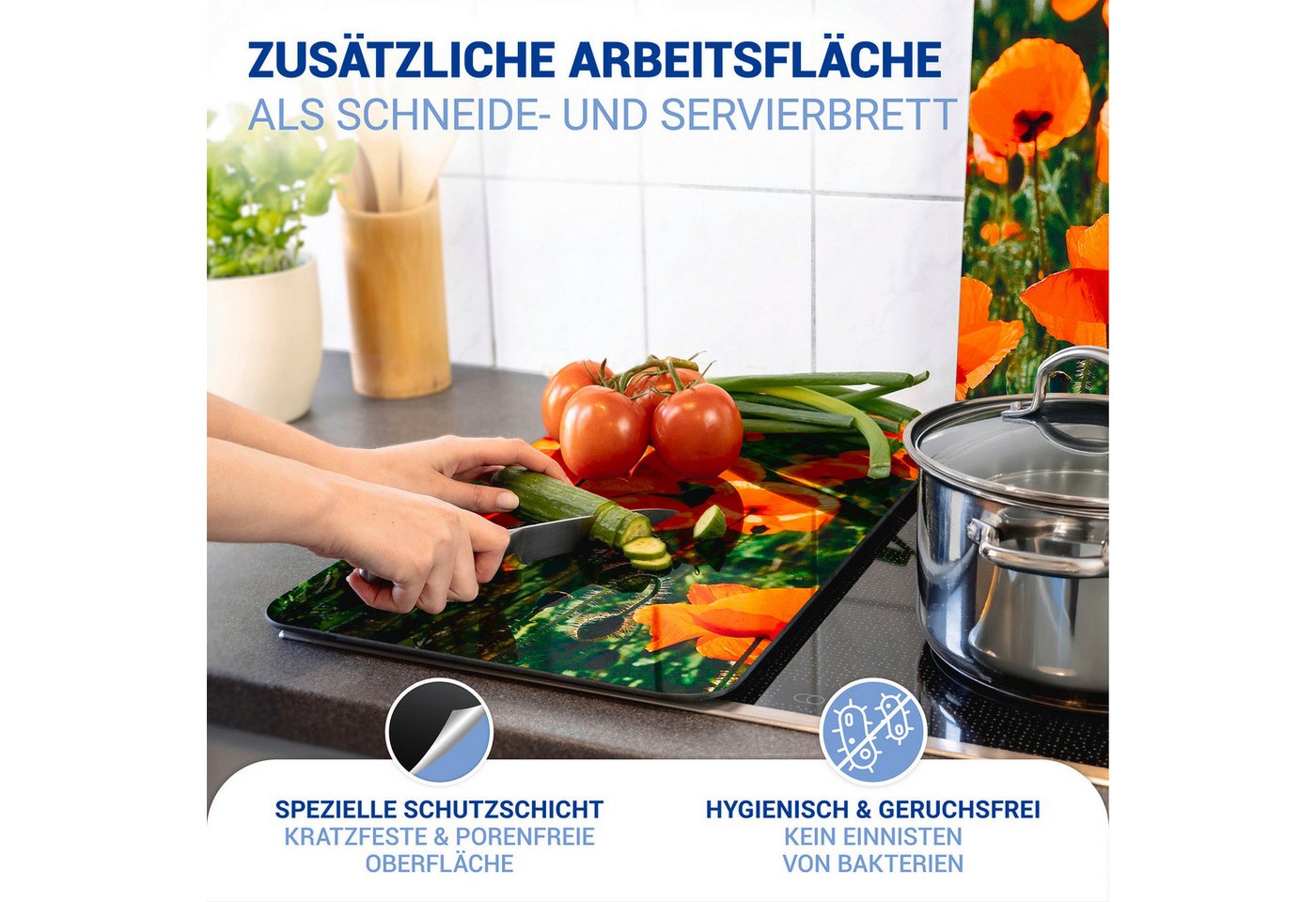 WENKO Herd-Abdeckplatte Universal Modell Mohnfeld, Glas, Kunststoff, (Set, 2 tlg), Herdabdeckung für alle Herdarten, kratzfest, mit rutschfesten Füßen – Bild 4 von 5