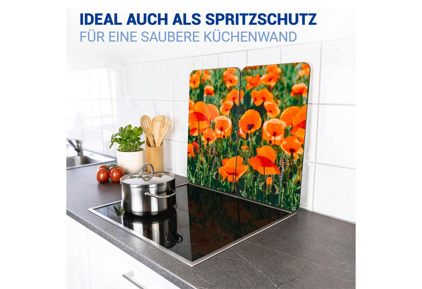 WENKO Herd-Abdeckplatte Universal Modell Mohnfeld, Glas, Kunststoff, (Set, 2 tlg), Herdabdeckung für alle Herdarten, kratzfest, mit rutschfesten Füßen – Bild 5 von 5